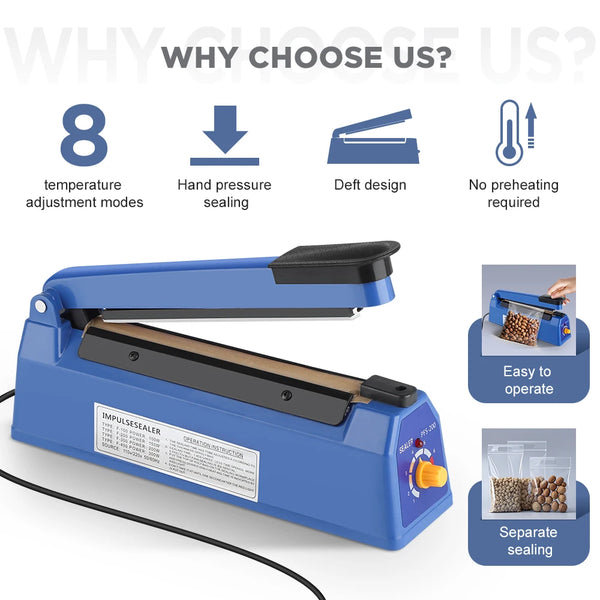 200mm Heat Sealing Machine Home Impulse Sealer Kitchen Food Vacuum Seal Kraft paper/Plastic Bag Meat/Candy/Fruit Storage EU Plug 220V
