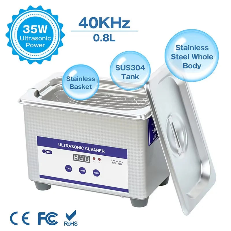 40kHz High-Frequency Ultrasonic Cleaner 0.8L Stainless Steel Eyewear & Jewellery Cleaner With Timer and Digital Display Multi-Functional Household Cleaning Tank