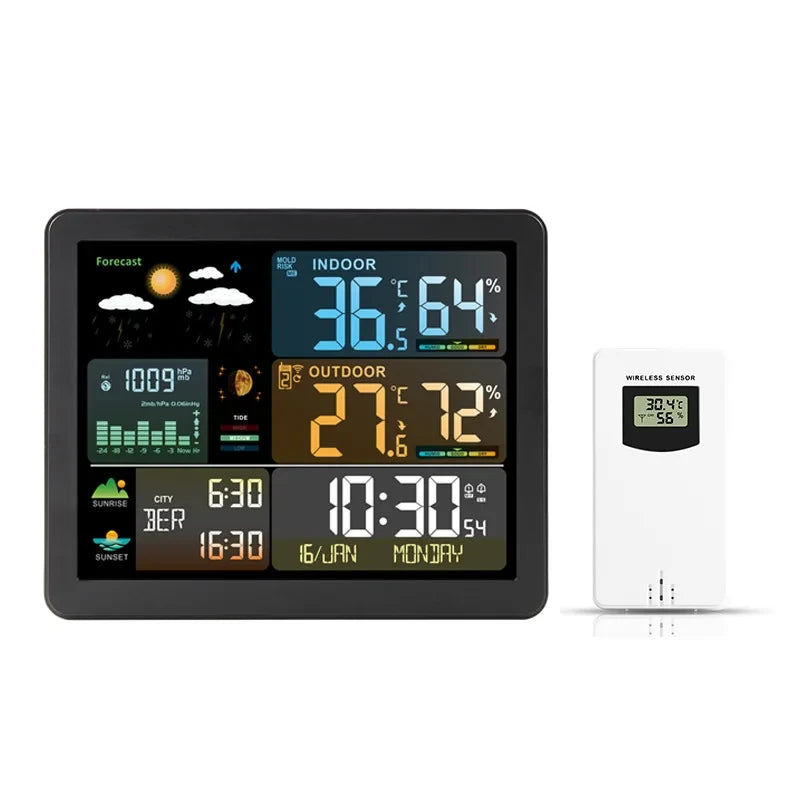 Multifunctional Colour Screen Weather Clock｜Indoor/Outdoor Thermometer & Hygrometer｜Wireless Weather Station｜Sunrise/Sunset Timer｜Electronic Alarm Clock｜Supports 3 Sensors｜USB Powered + Battery Backup