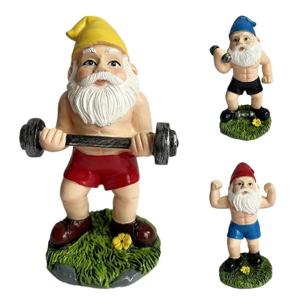 Outdoor Fun Gnome Fitness Dumbbell Weightlifting Patio, Lawn, Patio, Indoor Gnome Statue Decoration