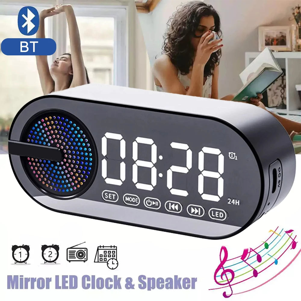 Wireless Bluetooth Speaker Alarm Clock LED Mirror Display 3D Stereo Sound Music Player with RGB Light FM Radio for Room Office