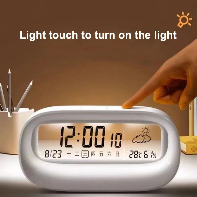 Newly upgraded rechargeable model with transparent panel design, integrating night light, weather display, calendar, temperature/humidity readings, and countdown/up functions Operates silently without disturbance