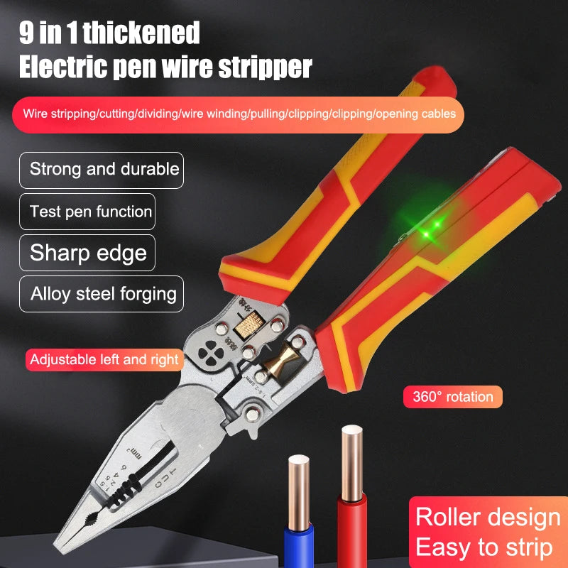 9-in-1 Multifunctional Wire Stripper with Voltage Tester｜Heavy-Duty Alloy Steel Electrician Pliers｜Wire Stripping/Cutting/Separating/Winding/Holding/Cable Cutting｜Suitable for Cable, Fiber Optic Cable, Twisted Pair, Sheathed Wire