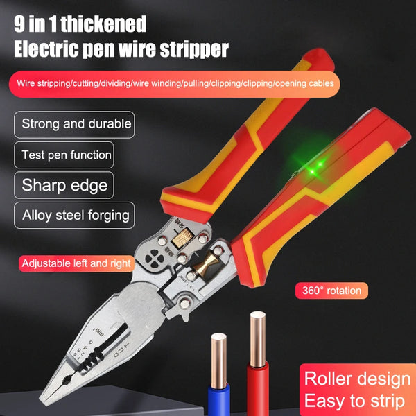 9-in-1 Multifunctional Wire Stripper with Voltage Tester｜Heavy-Duty Alloy Steel Electrician Pliers｜Wire Stripping/Cutting/Separating/Winding/Holding/Cable Cutting｜Suitable for Cable, Fiber Optic Cable, Twisted Pair, Sheathed Wire