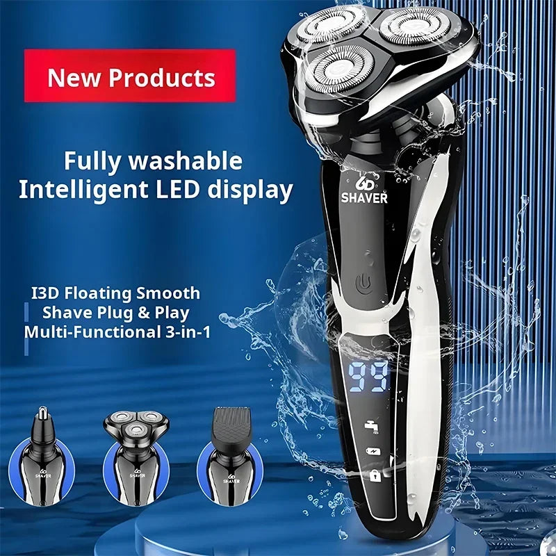 3-in-1 6D Smart Digital Display Washable Electric Shaver Nose Hair Sideburns Beard Razor