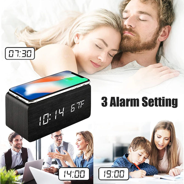 Wooden Digital Alarm Clock with Wireless Charging, LED Clock with Time, Date,Temperature, Desk Clocks for Office,Bedside Clock