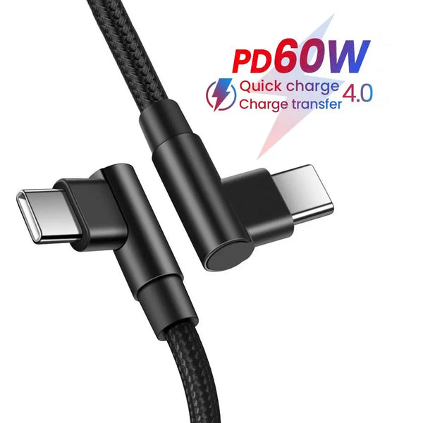 2Meters Double Elbow USB Type C to USB C Cable PD 60W Quick Charge 3.0 USB-C Fast Charging Cable for iPhone 15 Macbook Pro