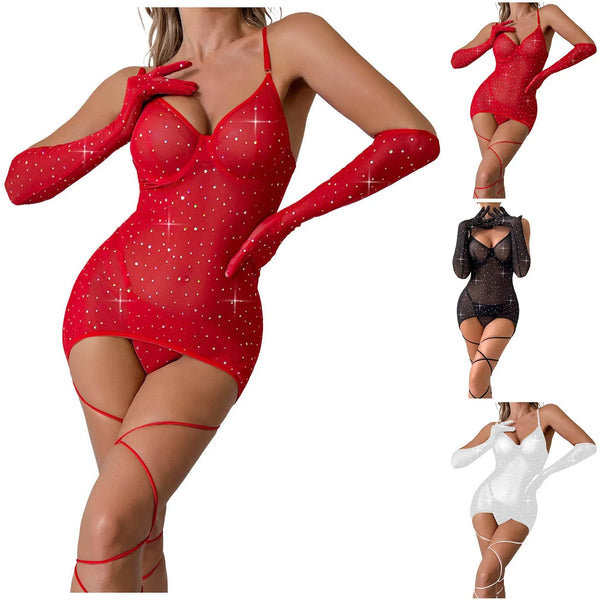 Sheer Mesh Lingerie Set Women 4-Piece Backless Sexy Dress Sexy Erotic Solid Brief Underwer Set Nightwear