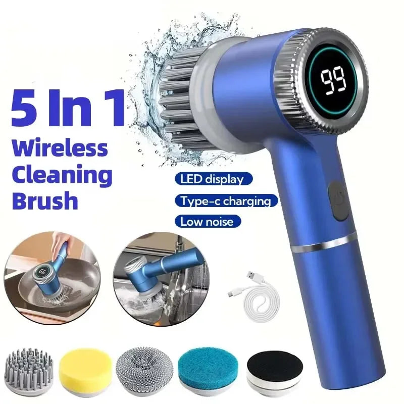 Wireless Automatic Handheld Electric Cleaning Brush with 5 Replaceable Brush Heads Digital Battery Level Display IPX7 waterproof USB rechargeable Cleaner Multi Function household