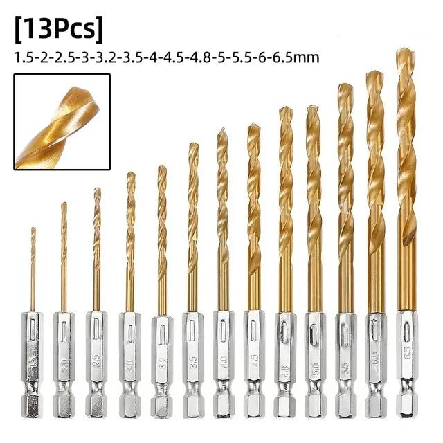 13 Pcs/set Twist Long Drill Bit Set 1/4” Hex Shank HSS 1.5-6.5mm Titanium Coated Drill Set