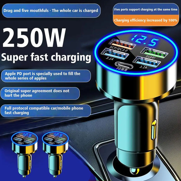 5 Port 4USB+Type C Car Charger PD 250W Fast Charging Adapter Input Voltage Range of 12 to 24 V