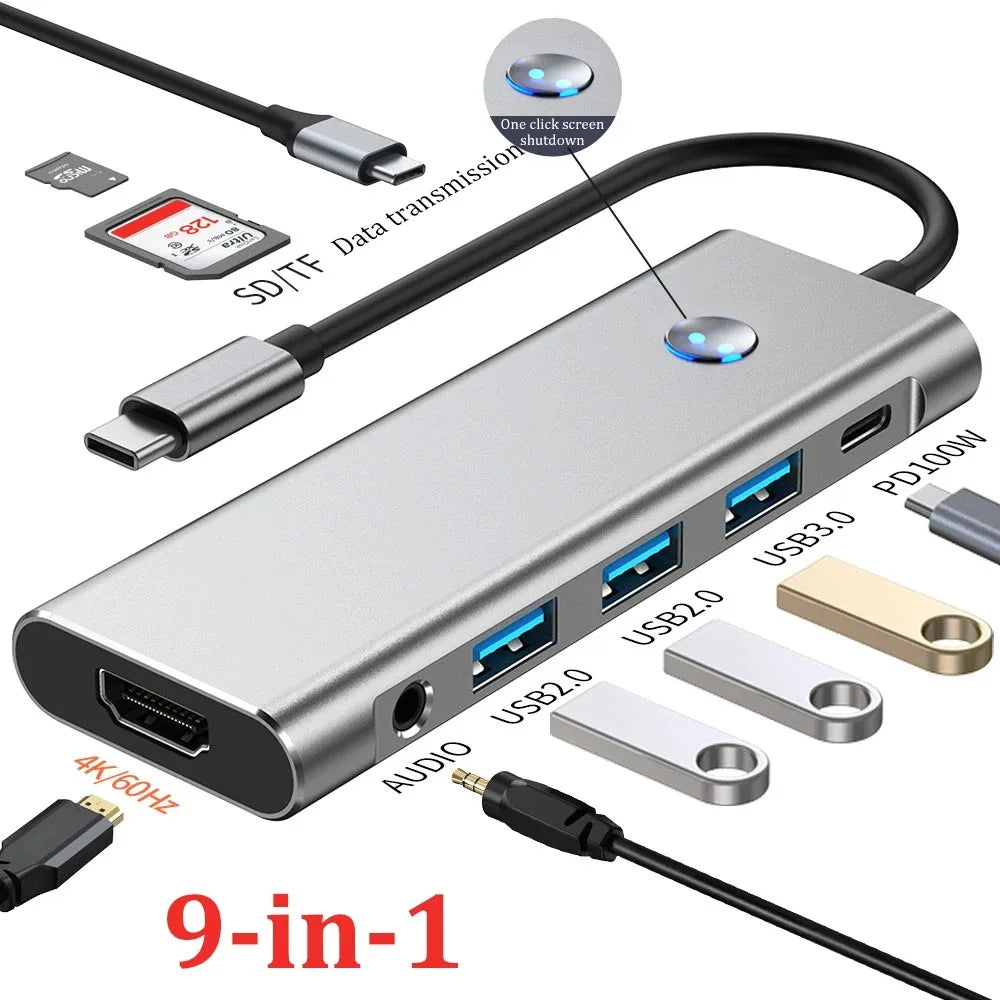 9-in-1 Type-C Hub with One-Click Screen Off, 4K HDMI, PD 100W Charging, USB 3.0, SD/TF Card Reader – Multi-Port USB-C Adapter for Laptop