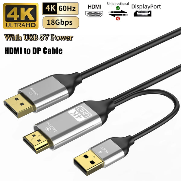 2Meters HDMI-Compatible to DisplayPort Cable 4K@60Hz Source to DP Display Monitor Cable for PC Laptop PS5 Xbox with USB Power Cord 1080P