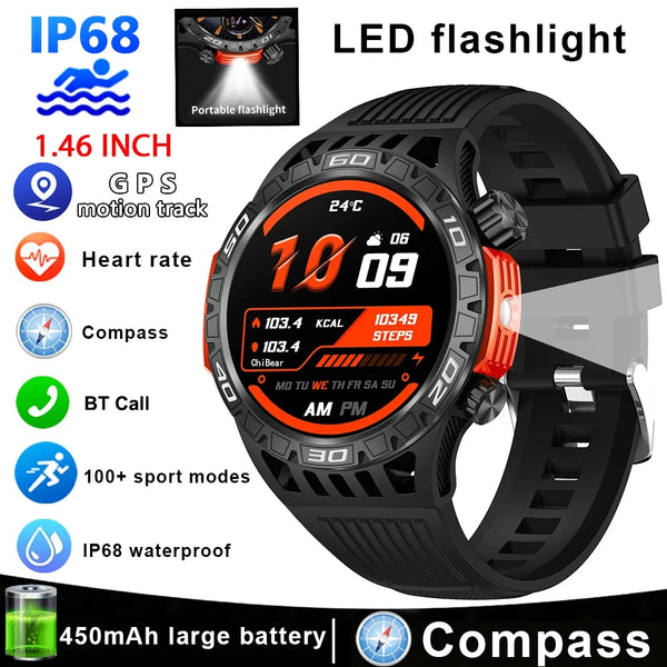 Military Quality 24-Hour Health Monitoring Heart rate blood oxygen and blood pressure detection Sports Waterproof Bluetooth Call Smart Watches LED Flashlight