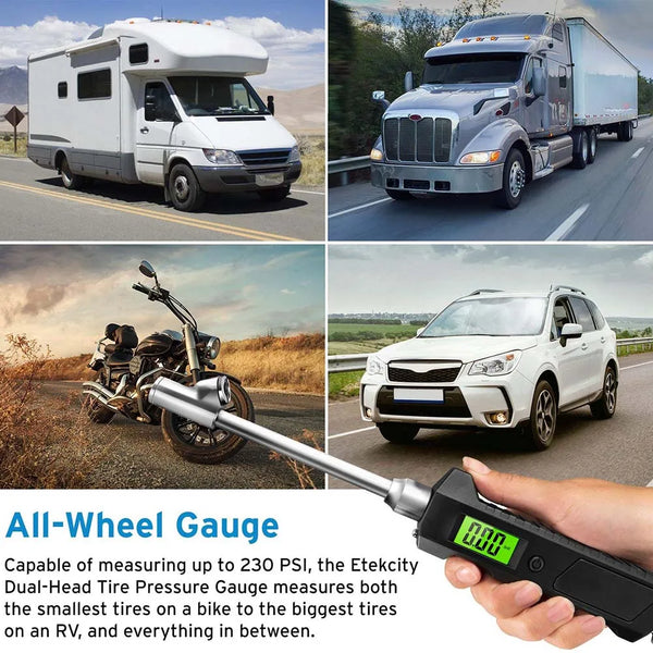 Truck Car Digital Tire Pressure Gauge 230 PSI Dual Head Stainless Steel LCD Flashlight Vehicle Tester Suitable for All Vehicle Tires