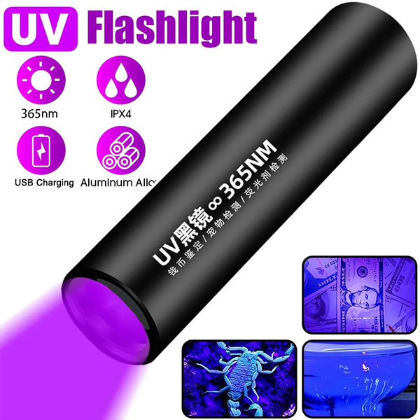 10W 365nm UV Flashlight USB Rechargeable Ultraviolet Torch pets urine Cat tinea Money Ore Scorpion Detection Black light