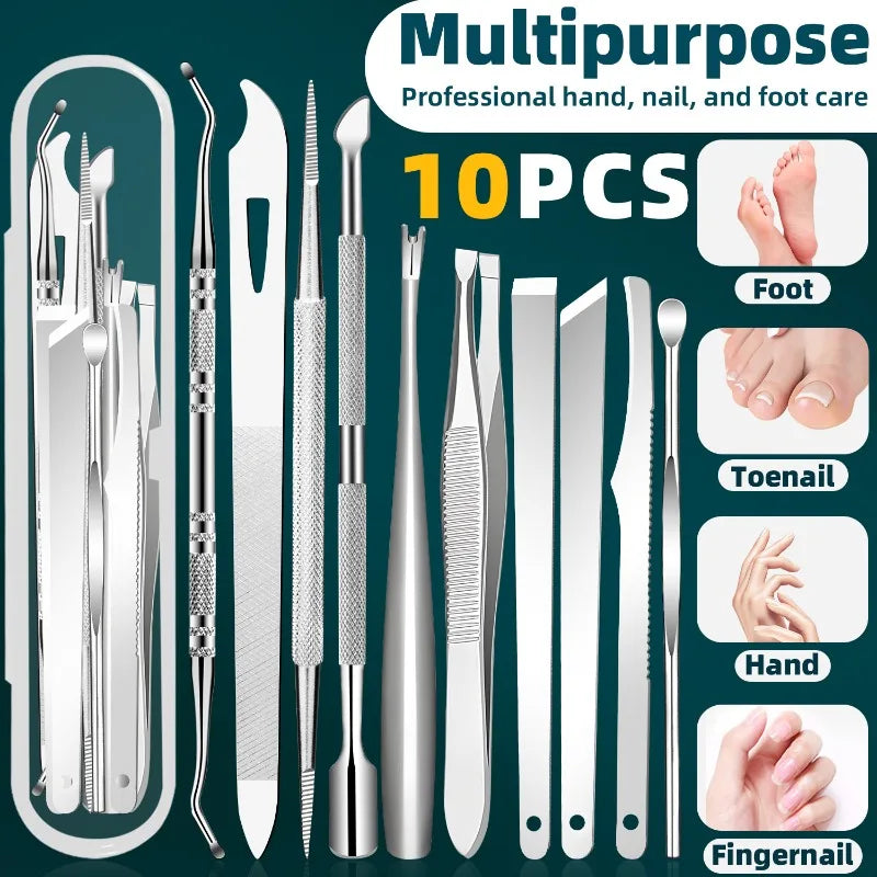 10PCS Stainless Steel Cuticle Pusher & Foot File Set – Professional Nail & Foot Care Kit for Home Use