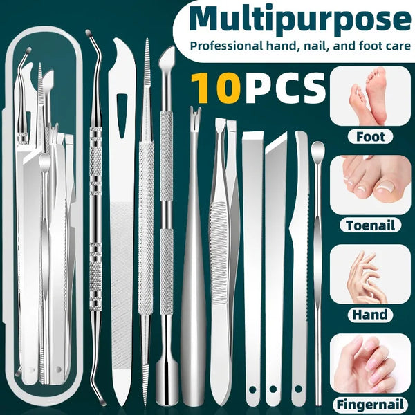 10PCS Stainless Steel Cuticle Pusher & Foot File Set – Professional Nail & Foot Care Kit for Home Use