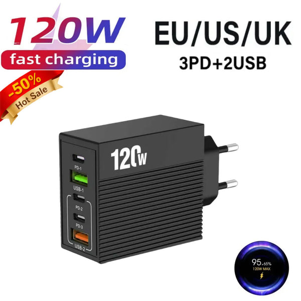 120W 5 Ports Fast Charger USB+Type C Charger with 2USB and 3PD Type-C Charger US/EU/UK Plug
