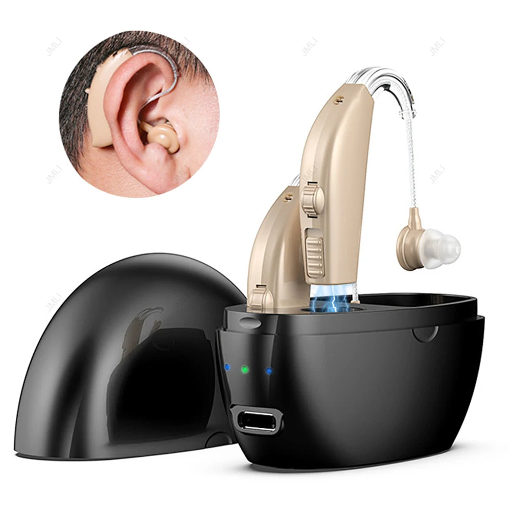 2Pcs Rechargeable Hearing Aids with Noise Cancelling and Volume Control Sound Amplifier for Seniors Hearing Loss with Charging Case