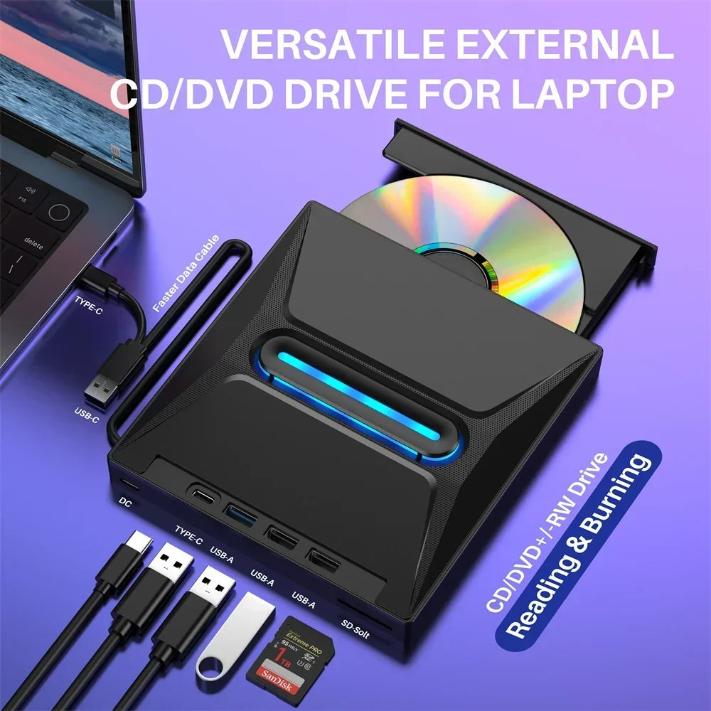USB External Optical Drive｜Ultra-Slim Portable DVD Burner (Optional Blu-ray Burning Version)｜Compatible with Laptops/Desktops｜Supports CD/DVD Reading and Burning｜Built-in 3-Port USB Hub + SD/TF Card Reader｜Plug and Play