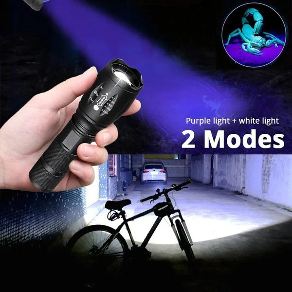 Dual Light Source UV+White Light Zoom LED Flashlight Rechargeable Indoor Outdoor High Brightness Flashlight