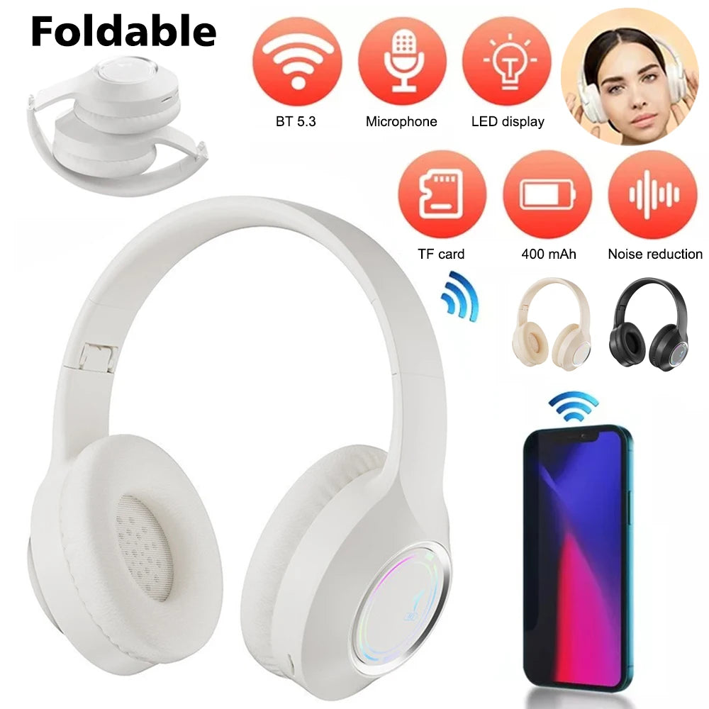 Bluetooth Headphones Wireless Headset With Microphone HiFi Bass Stereo Music Gaming Noise Cancelling Foldable Big Headsets