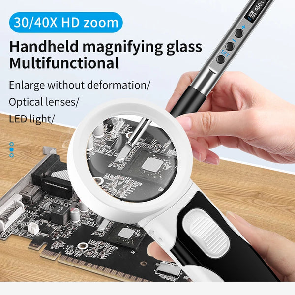 30X 40X High Magnification Handheld Magnifier HD Glass Lens Optical With LED Illuminated Perfect for Jewelry Appraisal Electronic Repair