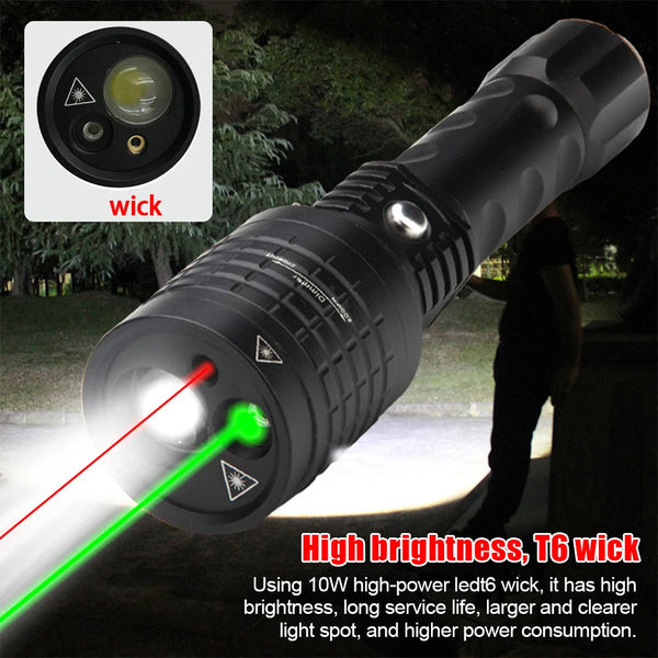 3 Light Source Red and Green Laser White Flashlight Zoomable Hunting Tactical Flashlight Strong LED Ultra Long Range Flashlight