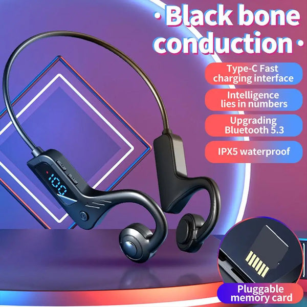 Mp3 Bone Conduction Headphones Wireless Bluetooth-compatible Stereo Headset Waterproof Digital Display Sports Earphone