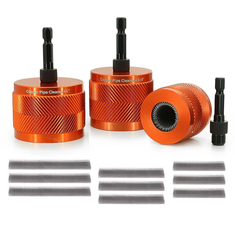 9Pcs 1/2‘ 3/4’ 1" Copper Pipe Cleaning Brush Set, Power Tool Brush Head, Detachable Hex Shank, Suitable for Copper/Aluminium/Iron Pipe Cleaning, Manual/Power Dual-Use, Non-Slip Design, Extends Pipe Tool Lifespan