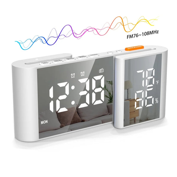 S-shaped Dual-Screen LED Digital Alarm Clock with FM Radio Function Temperature and Humidity Display Dual Alarm Function 15-Level Volume Adjustment