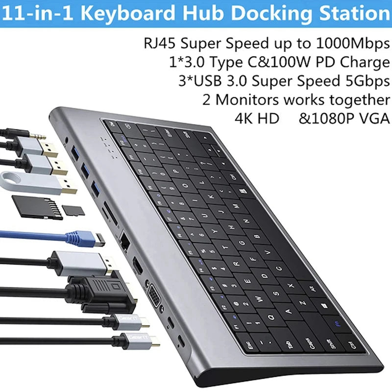 11 In 1 Keyboard Usb C Docking Station With 100W PD,4K,VGA,Ethernet,Card Reader,USB 3.0,Aux USB C HUB For Laptop Tablet PC Phone