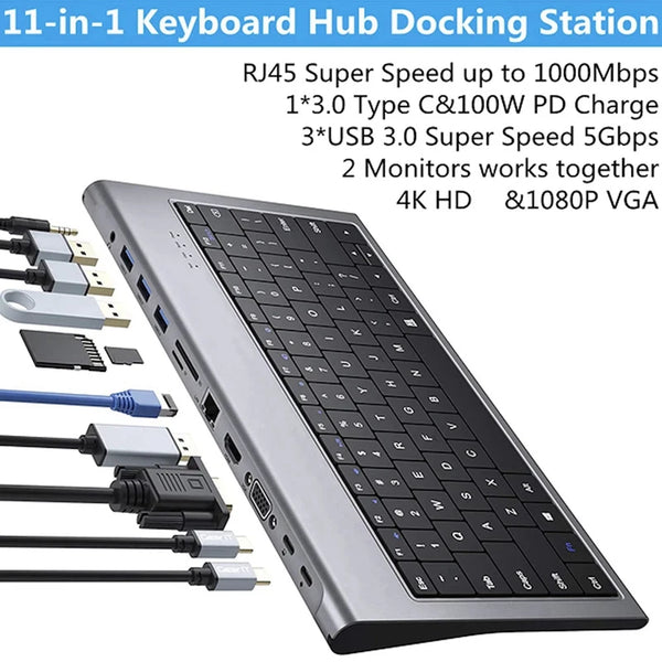 11 In 1 Keyboard Usb C Docking Station With 100W PD,4K,VGA,Ethernet,Card Reader,USB 3.0,Aux USB C HUB For Laptop Tablet PC Phone