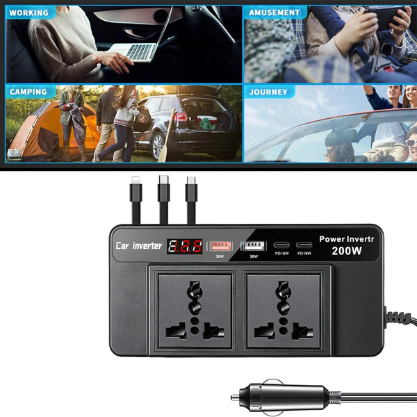 200W Car Power Inverter 12V/24V to 110V/220V | USB Type-C PD Fast Charging | Modified Pure Sine Wave | For Road Trip, Camping & Business Travel
