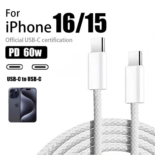 60W PD Type-C to Type-C Fast Charger Cable For Apple iPhone 16 Pro Max 15 Plus Usb C Quick Charging For Xiaomi Samsung