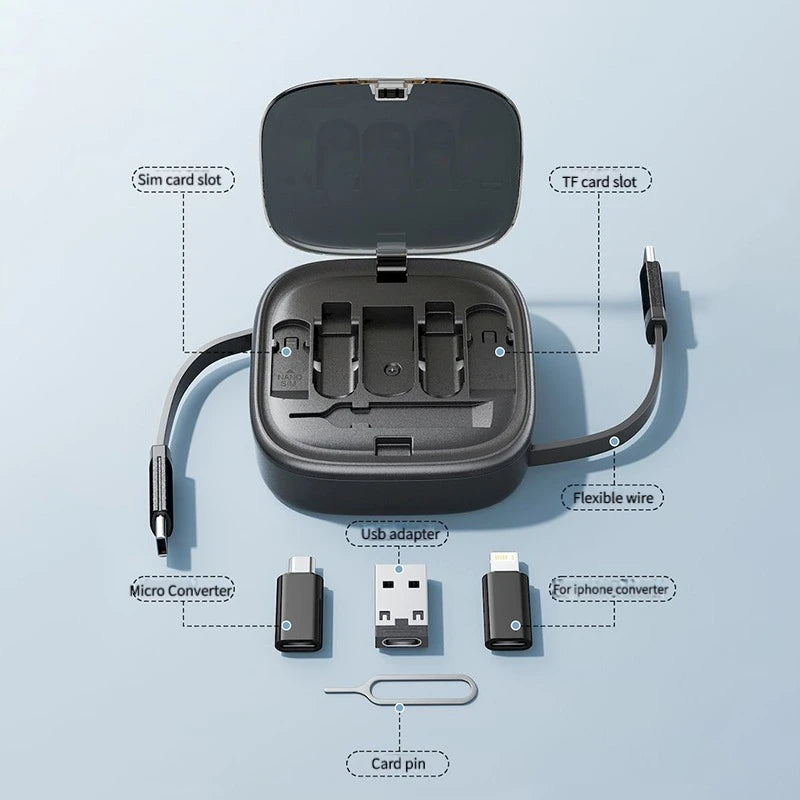 Multifunctional 6 in 1 Mobile Phone Data Cable 60W Fast Charging Cord Storage Case Phone Holder Mini Digital Gadgets Storage Box
