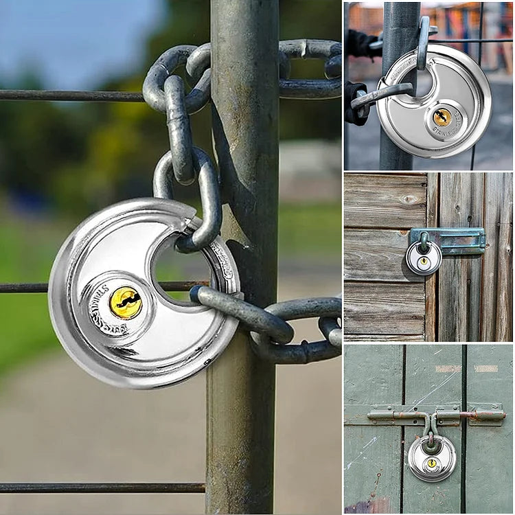 Keyed Padlock Round Pie Padlock Ring Latch Stainless Steel Heavy Duty Lock Waterproof Rustproof Warehouse Garage Storage Lock
