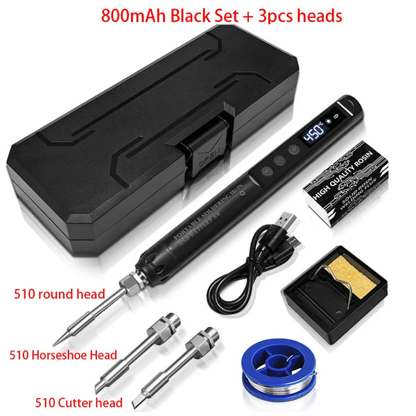 Cordless USB Smart Soldering Iron Set with 3 Heads Intelligent Temperature Adjustable Fast Heating Setting 800mAh Battery Electric Soldering Iron