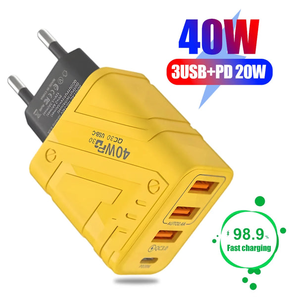 40W 4 Ports QC 3.0 Fast Phone Charger 3USB and Type-c Quick Charging Cellphone Wall Charger Adapter for IPhone Samsung Xiaomi EU/US/UK Plug