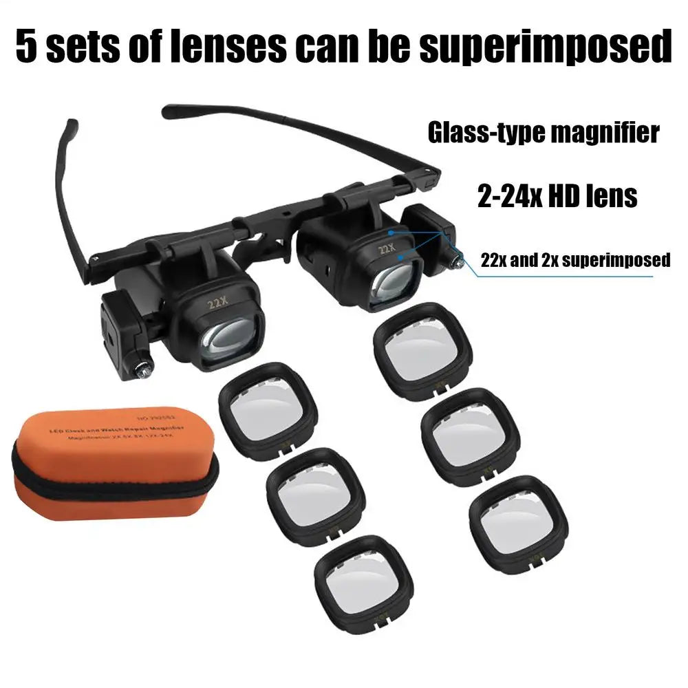 LED Glasses Magnifier 2X 6X 8X 12X 24X 5 Interchangeable Lens Loupe Glasses Double Eye Jeweler Watch Repair Changable Lens