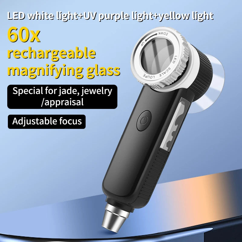 60X Handheld Magnifying Glass USB Rechargeable With LED UV lights Inlluminated Reading Jewelry Appreciation Magnifier