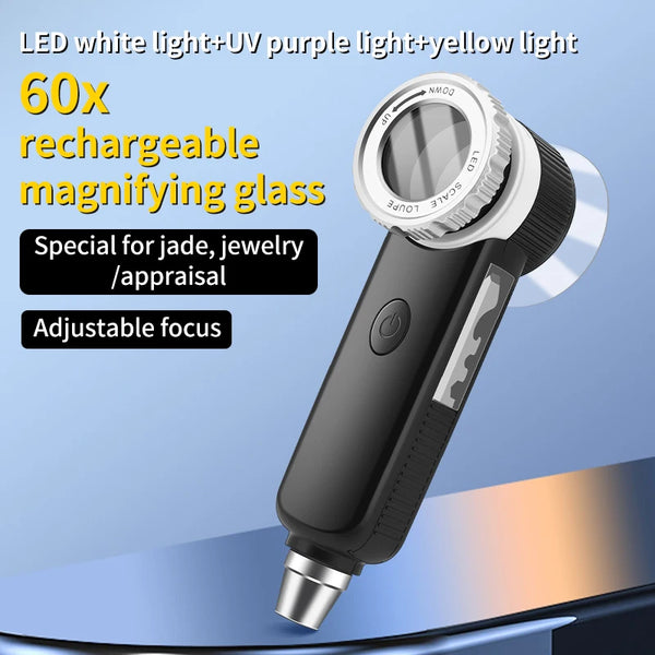 60X Handheld Magnifying Glass USB Rechargeable With LED UV lights Inlluminated Reading Jewelry Appreciation Magnifier
