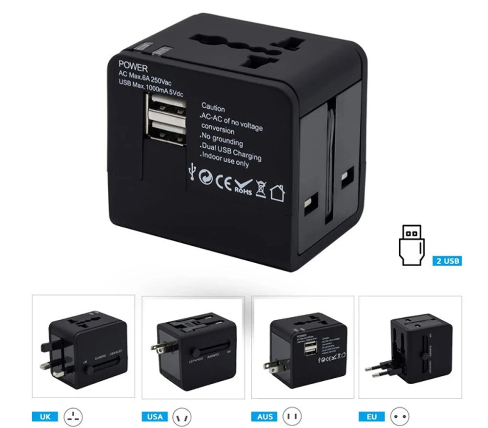 Universal Travel Power Adapter | US/EU/CN/UK/AU Plugs | Dual USB Fast Charging | Multiple Safety Protections