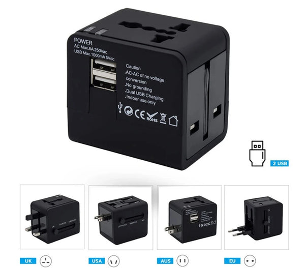 Universal Travel Power Adapter | US/EU/CN/UK/AU Plugs | Dual USB Fast Charging | Multiple Safety Protections