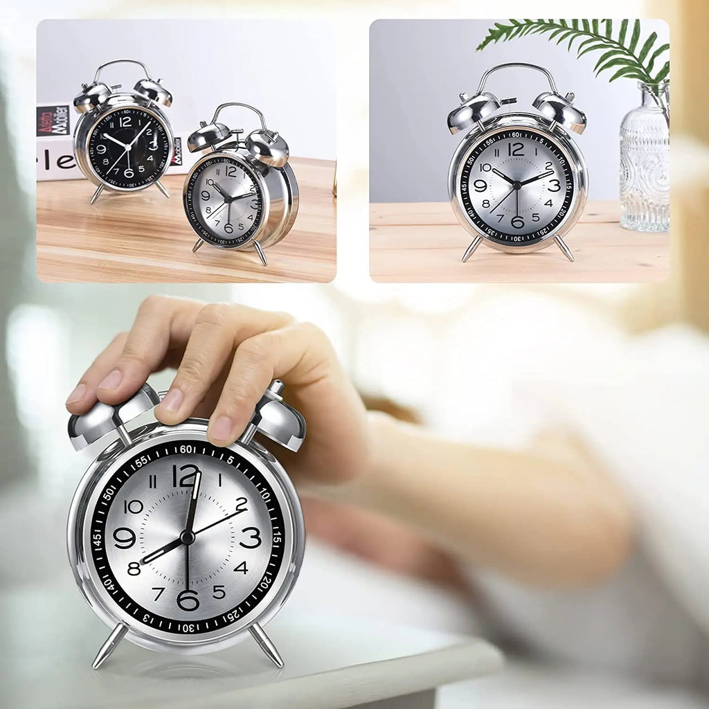 Retro 4.5 Inch Silent Quartz with Backlight Twin Bell Analog  Alarm Clocks Loud Alarm Clock for Heavy Sleepers
