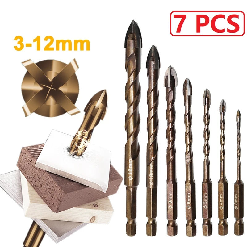 7Pcs 3-12mm Cross Hex Tile Overlord Drill Bits Set For Glass Ceramic Concrete Hole Opener Brick Hard Alloy Triangle Bit Tool Kit