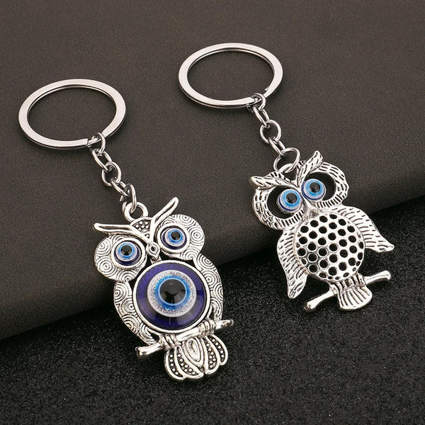 2Pcs Owl Keychain Pendant Car Key & Keyring Silver Color Deep Blue Owl Animal Women Bag Accessories