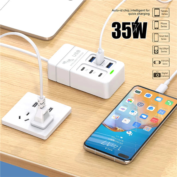 PD35W 6Ports Fast Charging USB Hub Adapter Charger 3PD+3USB Mobile Phone Quick Type C Wall Chargers Type C Hub Adapter EU US Plug
