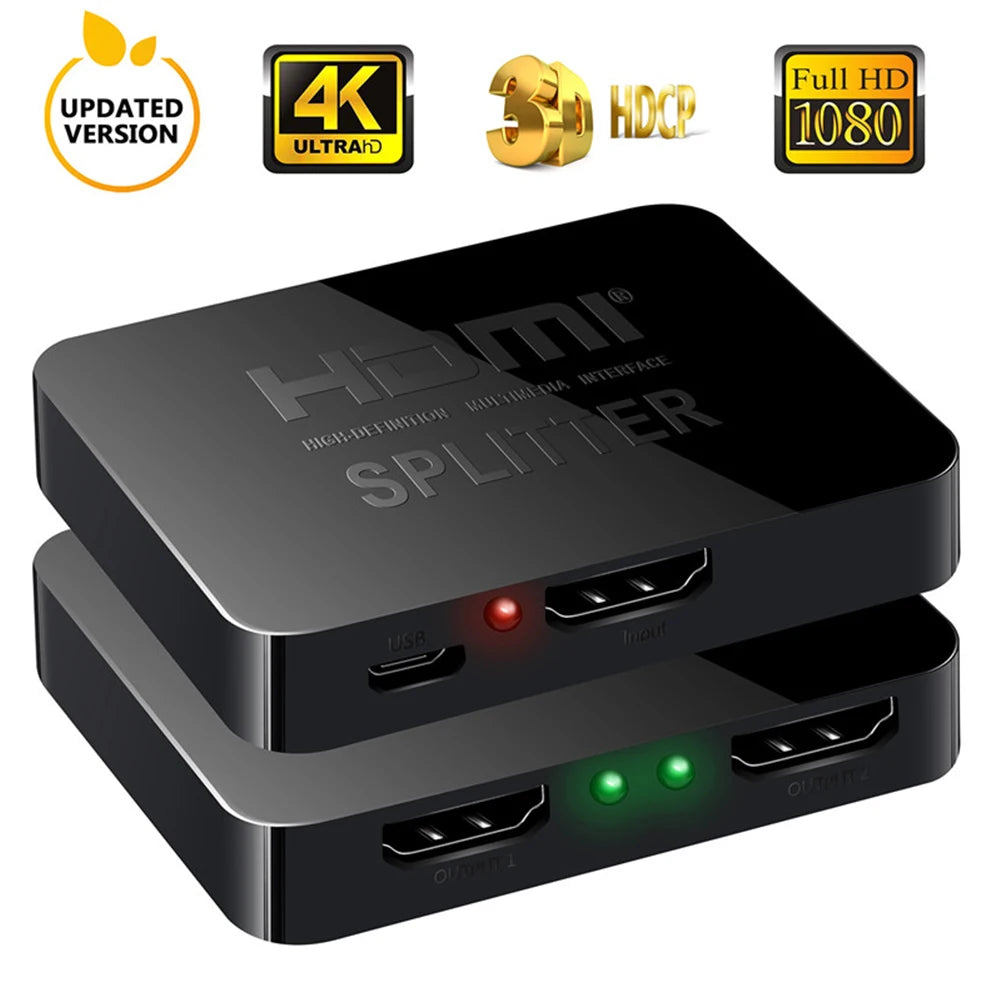 HDMI Splitter 1 in 2 Out 1x2 HDMI Display Duplicate/Mirror Powered Splitter Full HD 1080P 1 Source to 2 Identical Displays